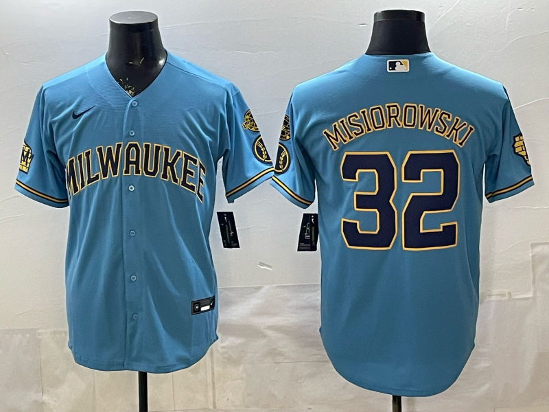 Men's Milwaukee Brewers Jacob Misiorowski #32 Light Blue Road Replica Jersey