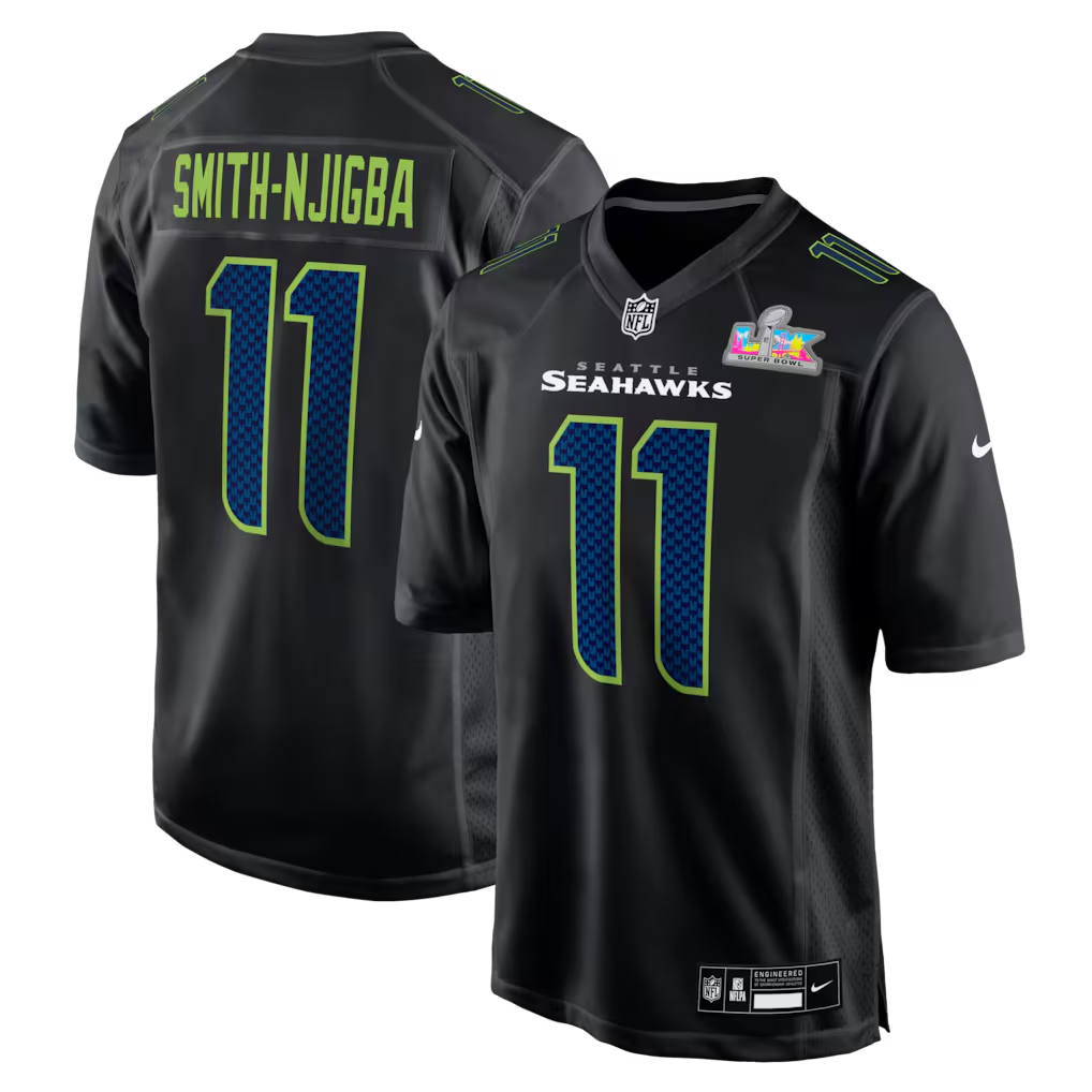 Men's Seattle Seahawks Jaxon Smith-Njigba Black Super Bowl LX Patch Carbon Fashion Game Jersey