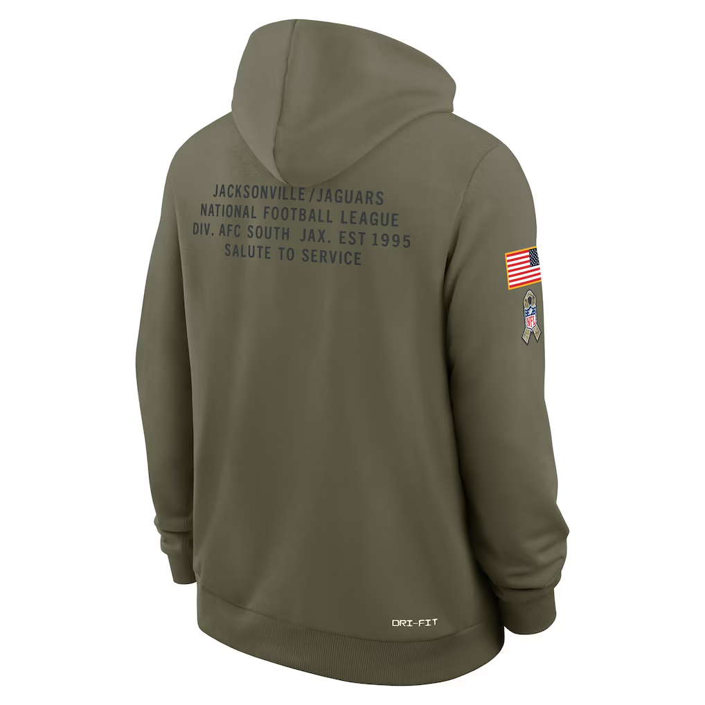 Men's Jacksonville Jaguars Nike Olive 2025 Salute to Service Sideline Standard Issue Dri-FIT Hoodie