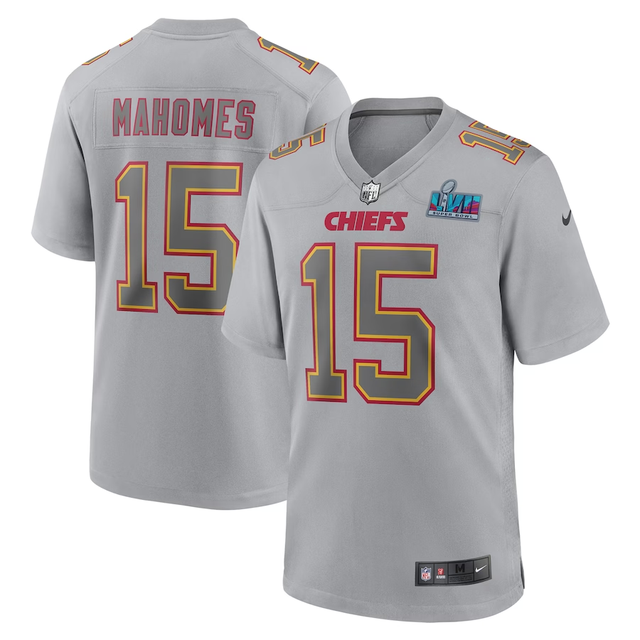 Men's Kansas City Chiefs Patrick Mahomes Gray Super Bowl LVII Patch Atmosphere Fashion Game Jersey