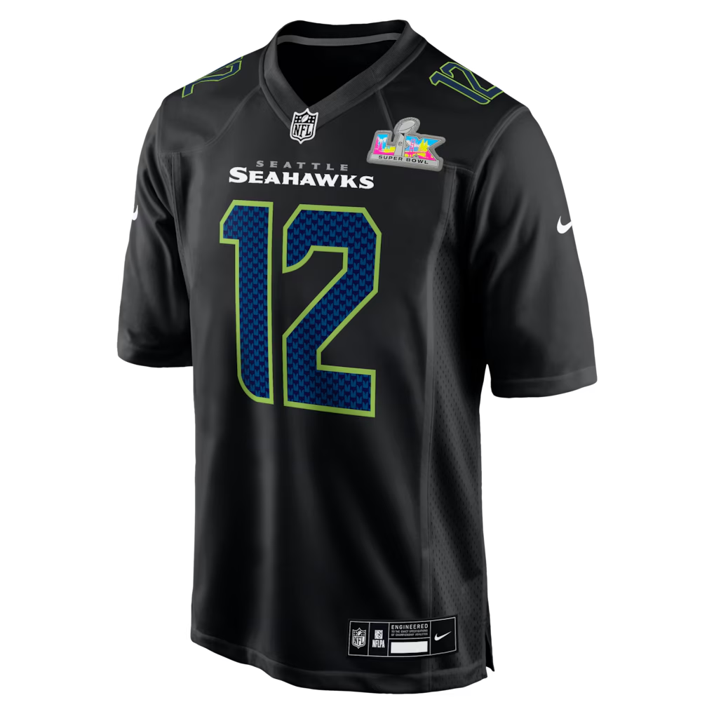Men's Seattle Seahawks 12s Nike Black Super Bowl LX Patch Carbon Fashion Game Jersey