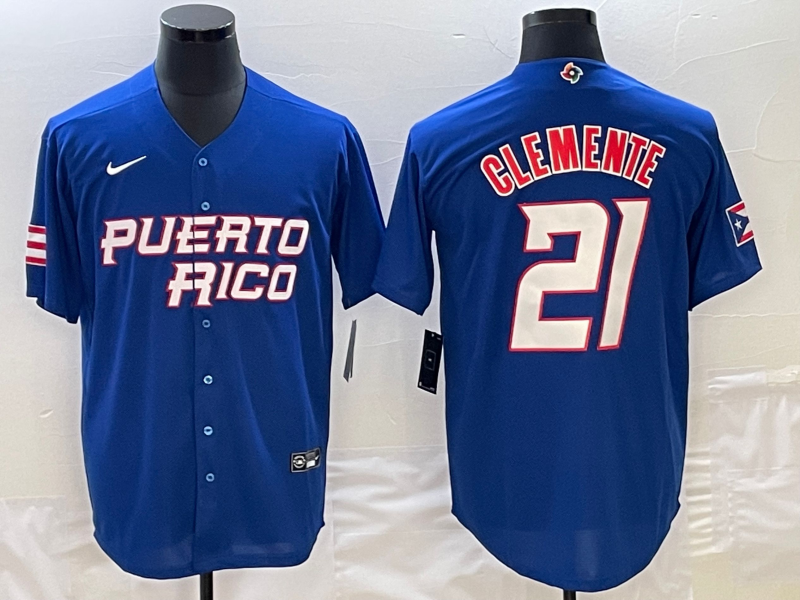 Men's 2023 World Baseball Classic #21 Roberto Clemente Puerto Rico Blue Jersey1