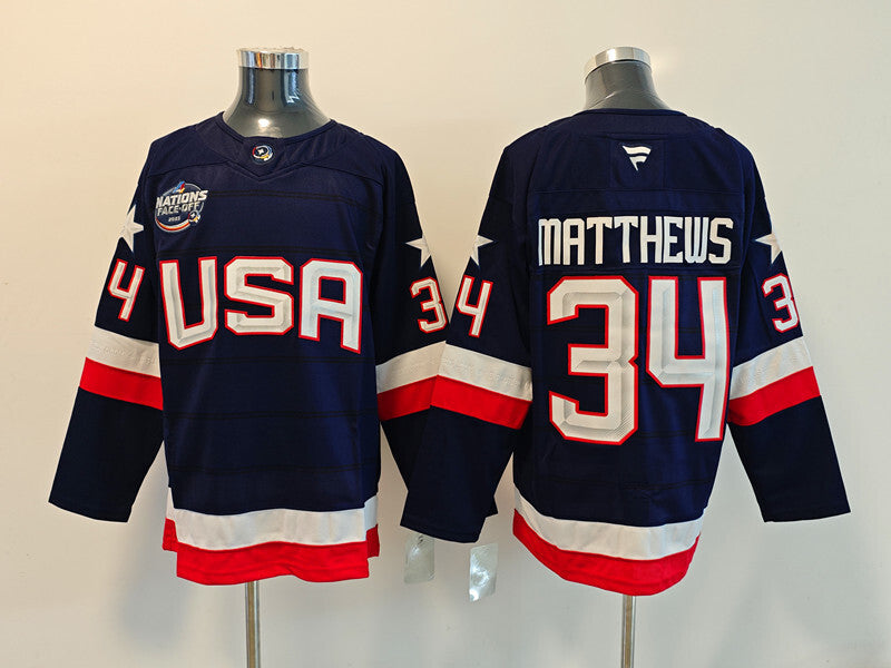 Men's United States 2025 4 Nations Face-Off Auston Matthews #34 Fanatics Navy Breakaway Jersey