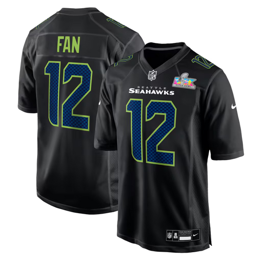 Men's Seattle Seahawks 12s Black Super Bowl LX Patch Carbon Fashion Game Jersey