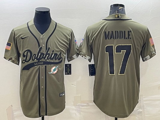 Men's Miami Dolphins Jaylen Waddle Olive 2022 Salute To Service Limited Jersey Joint Edition