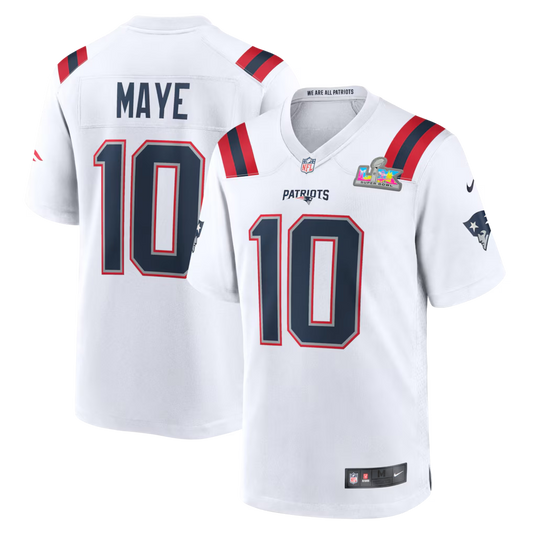 Men's New England Patriots Drake Maye White Super Bowl LX Patch Game Jersey