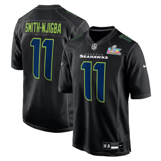 Men's Seattle Seahawks Jaxon Smith-Njigba Black Super Bowl LX Patch Carbon Fashion Game Jersey