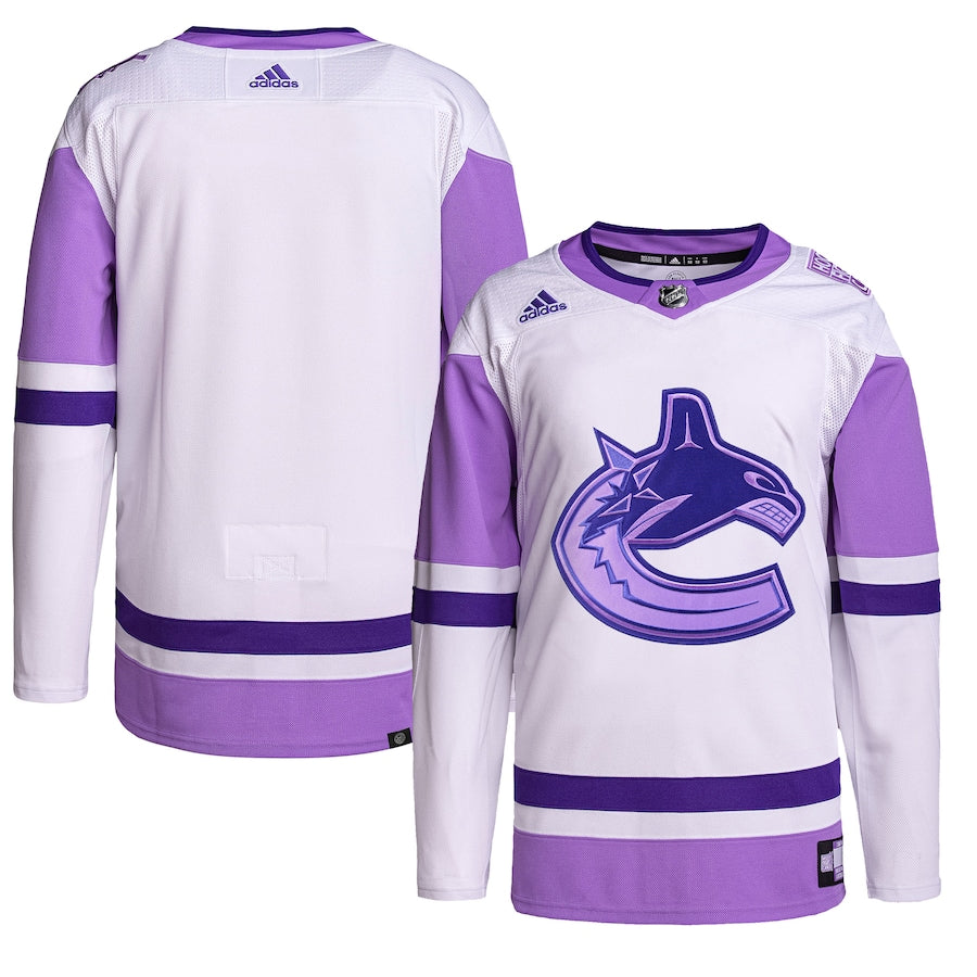 Custom Men's Vancouver Canucks adidas White/Purple Hockey Fights Cancer Primegreen Authentic Blank Practice Jersey