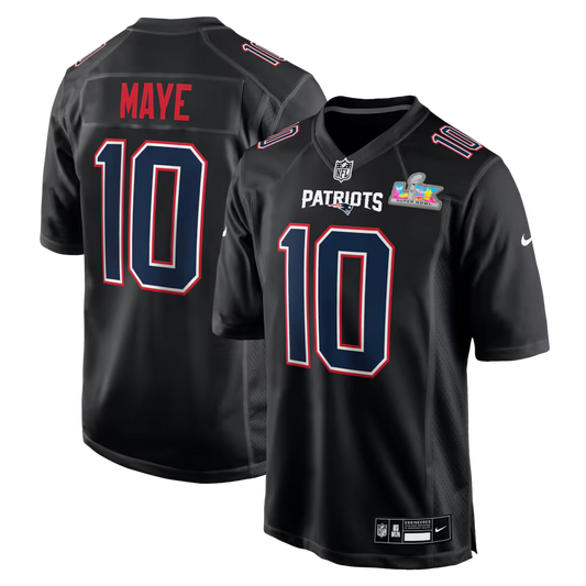 Men's New England Patriots Drake Maye Black Super Bowl LX Patch Carbon Fashion Game Jersey