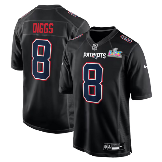 Men's New England Patriots Stefon Diggs Black Super Bowl LX Patch Carbon Fashion Game Jersey