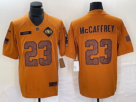 Men's San Francisco 49ers Christian McCaffrey Brown 2023 Salute To Service Retired Player Limited Jersey