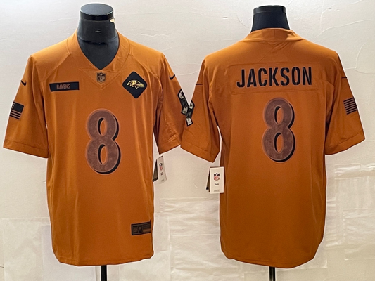Men's Baltimore Ravens Lamar Jackson Brown 2023 Salute To Service Retired Player Limited Jersey