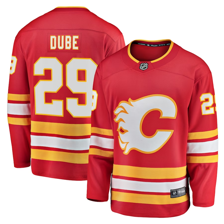Men's Calgary Flames Dillon Dube #29 Red Home Breakaway Player Jersey1
