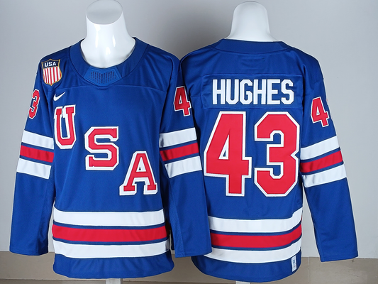 Men's United States Hockey Quinn Hughes #43 Royal 2026 Winter Olympics Jersey