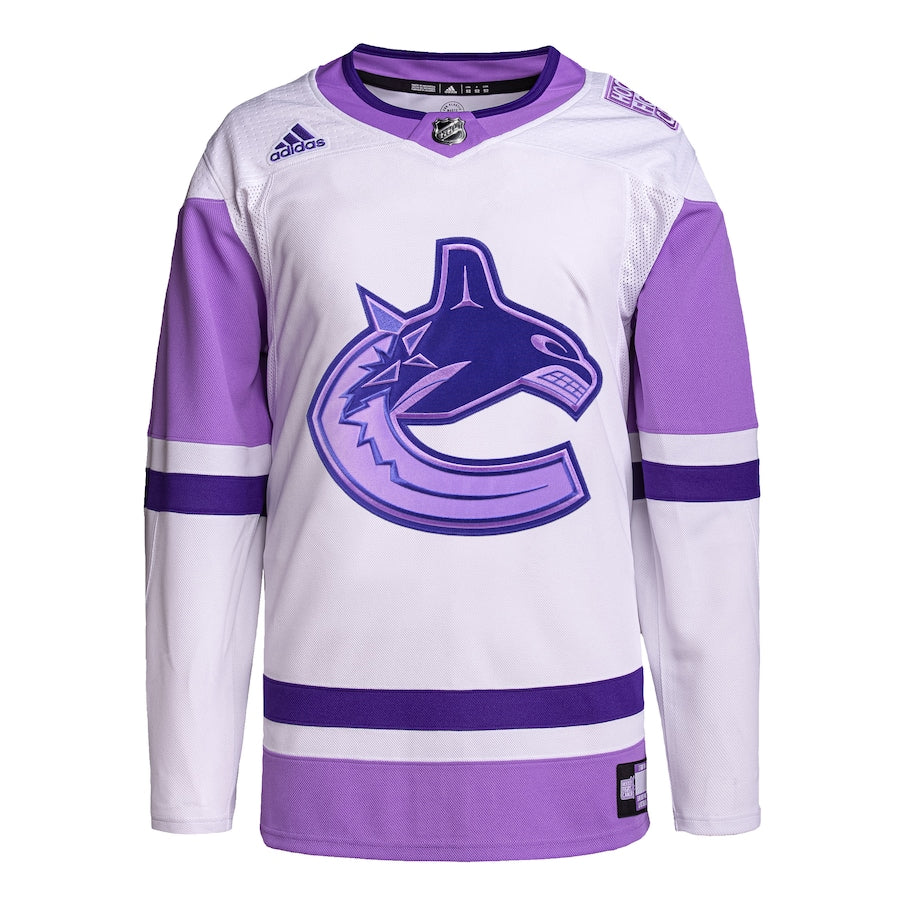 Custom Men's Vancouver Canucks adidas White/Purple Hockey Fights Cancer Primegreen Authentic Blank Practice Jersey