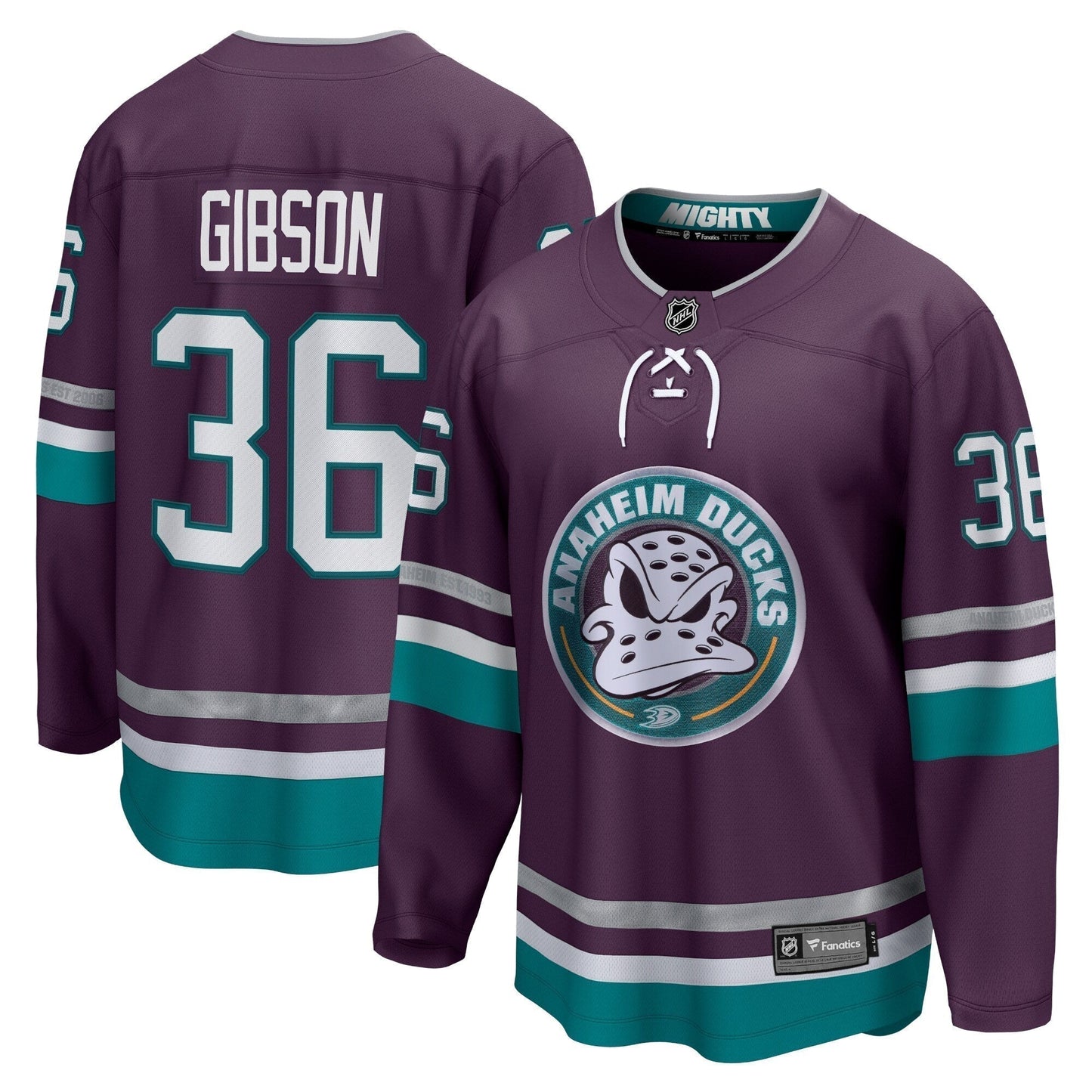 John Gibson Anaheim Ducks Fanatics Branded 30th Anniversary Premier Breakaway Shirt - Purple
