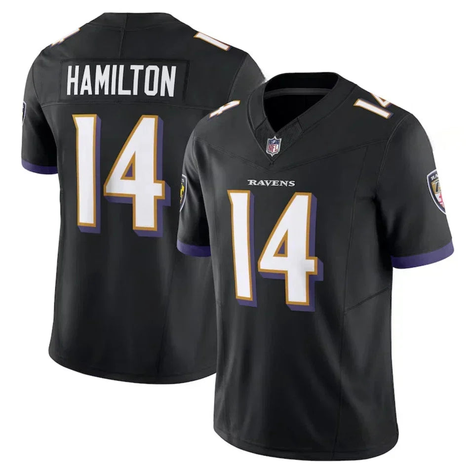 Men's Ravens #14 Kyle Hamilton Purple/Black/White Game Limited Stitched Jersey